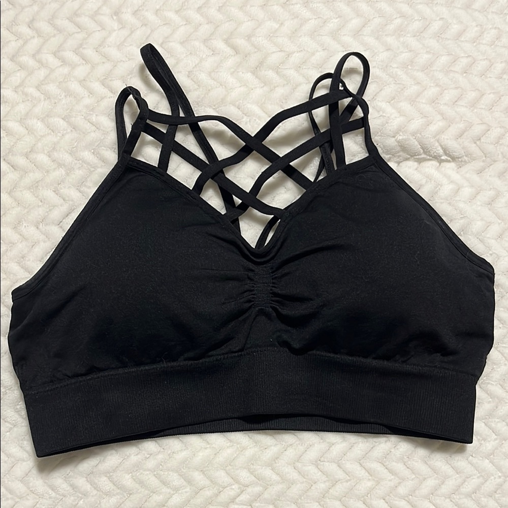 Black Sports Bra with Criss-Cross Straps and Textured Cups